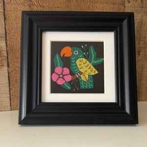 Framed Embroidered Mola Textile Folk Art Parrot Bird Art